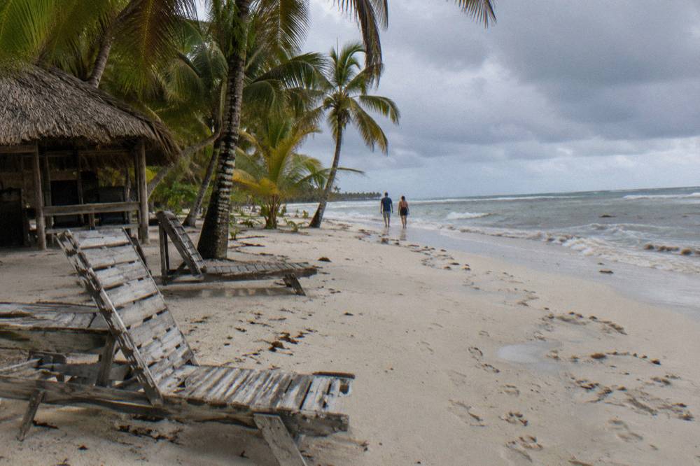 Empty wooden beach chairs under palm trees on a white sand beach
