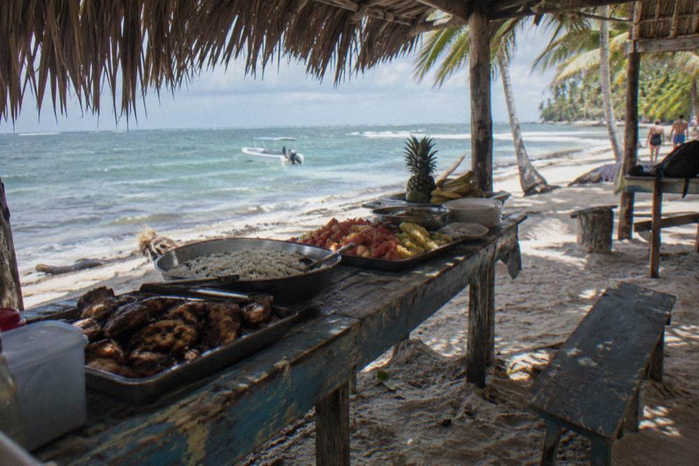 Buffet lunch table with grilled food under a palm thatch roof on Saona Island