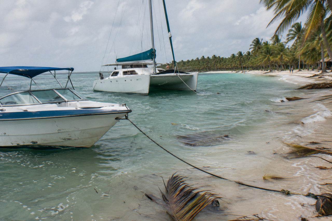 Speedboat and catamaran moored at a palm-lined Caribbean beach near turquoise water