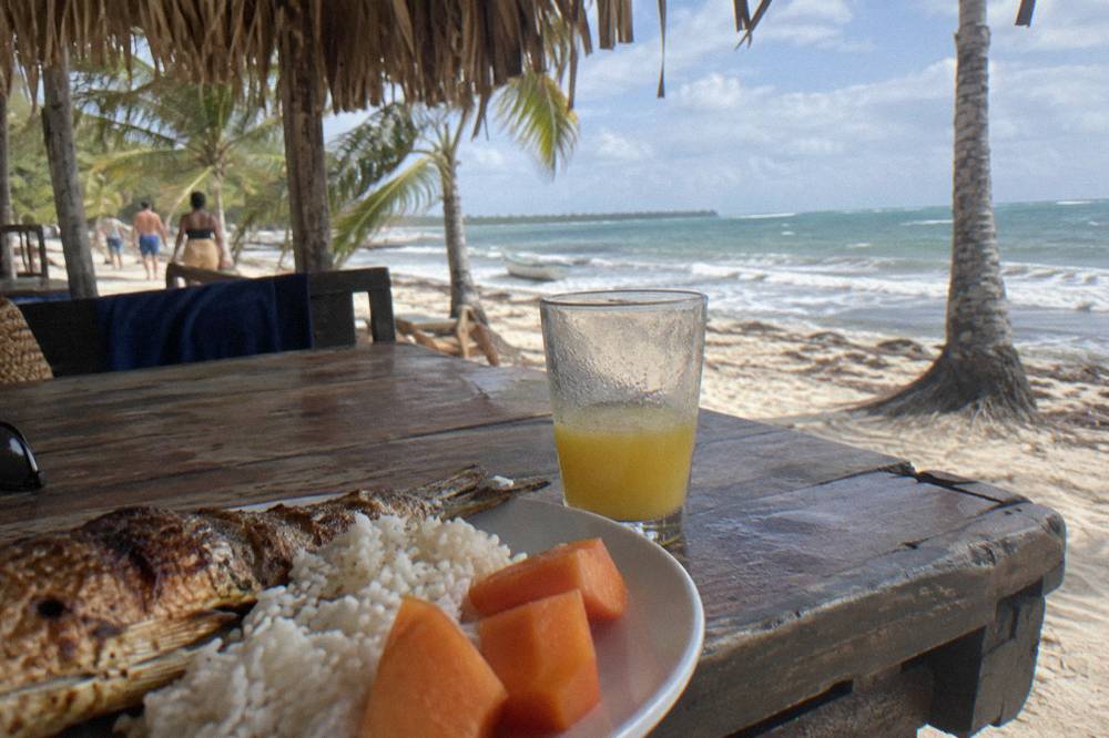 Buffet lunch table with grilled fish, rice and tropical fruit under a palm thatch roof
