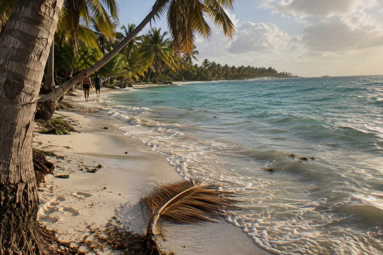 Palm trees leaning over a calm turquoise bay with a white sand beach