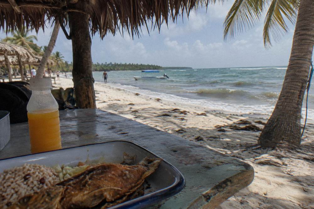 Buffet lunch set under palm thatch beside a Caribbean beach