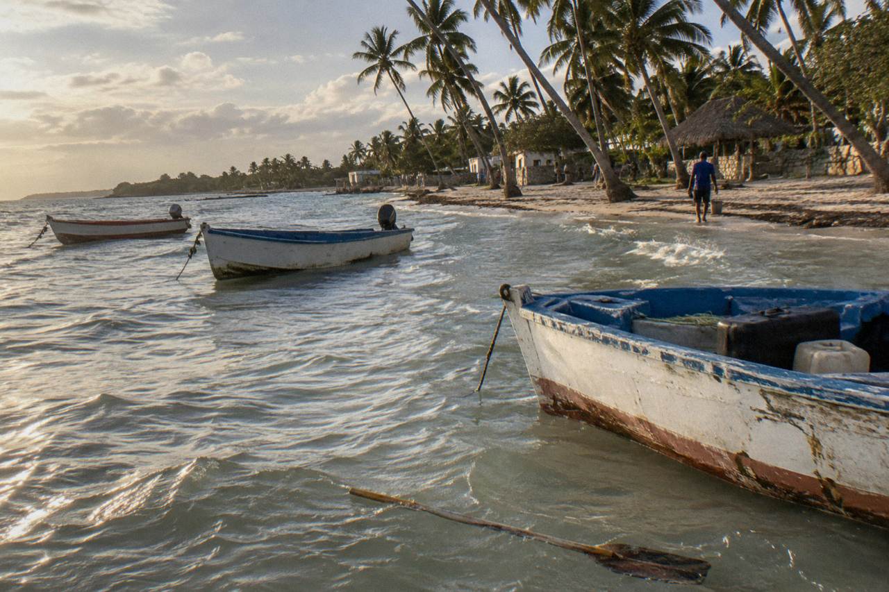 Palm trees leaning over a calm Caribbean beach with fishing boats moored in shallow water