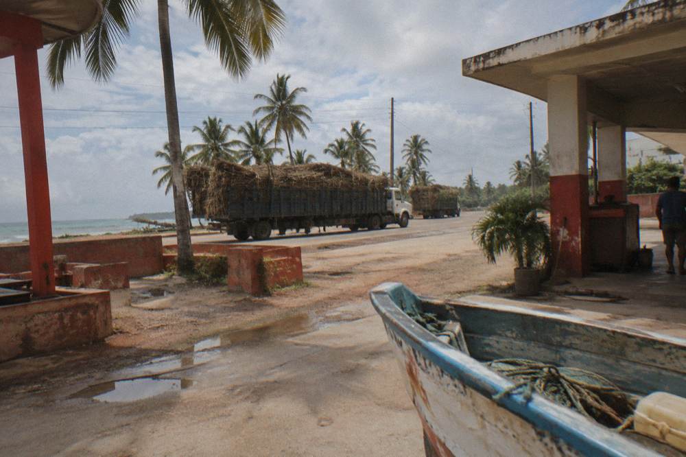 Palm-lined highway running along the Caribbean coast toward a distant town