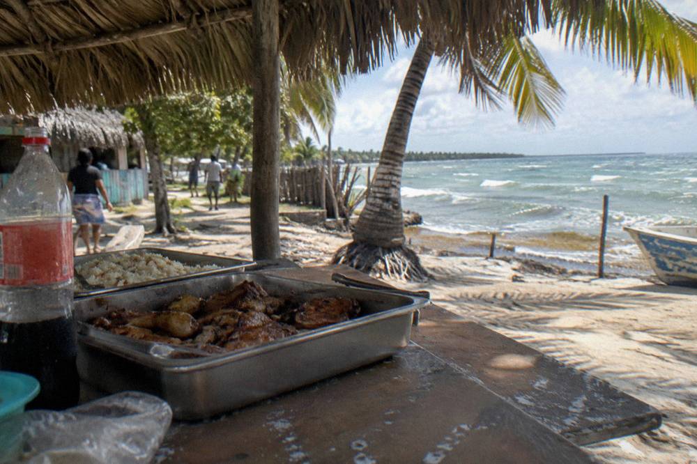 Buffet lunch table with grilled food under a palm thatch roof