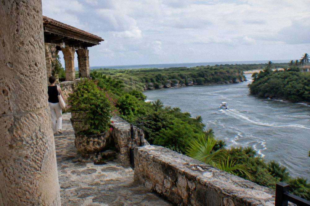 Stone Mediterranean style village terrace above a river valley