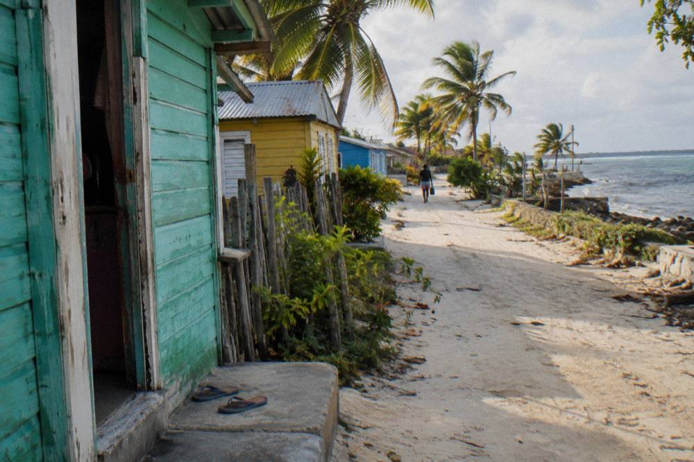 A quiet village street with colourful low buildings and palm trees