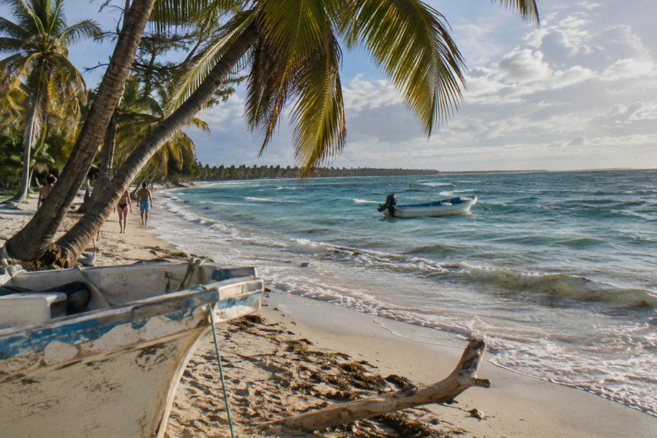 White sand beach with calm turquoise water and palm trees along the shoreline