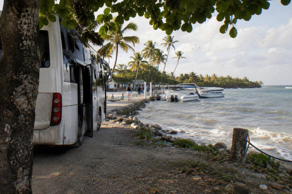 Tour bus parked on a palm lined road at golden hour near the coast
