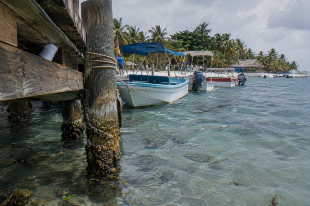 Wooden dock at Bayahibe with excursion boats moored in clear shallow water