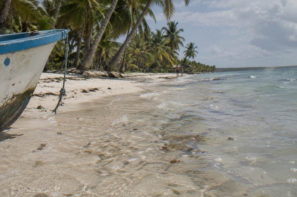 Wide white sand beach lined with coconut palms and wooden shade palapas beside calm turquoise sea