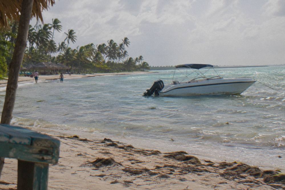 A white speedboat resting on calm shallow water with a sandy spit and palms in the distance