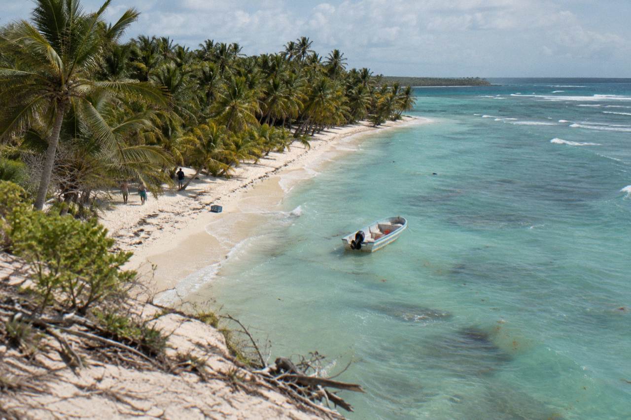 A small boat anchored in shallow turquoise water beside a palm-lined Caribbean beach