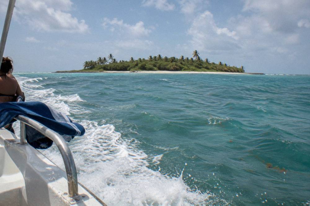 White speedboat crossing open turquoise water toward a tree-covered island