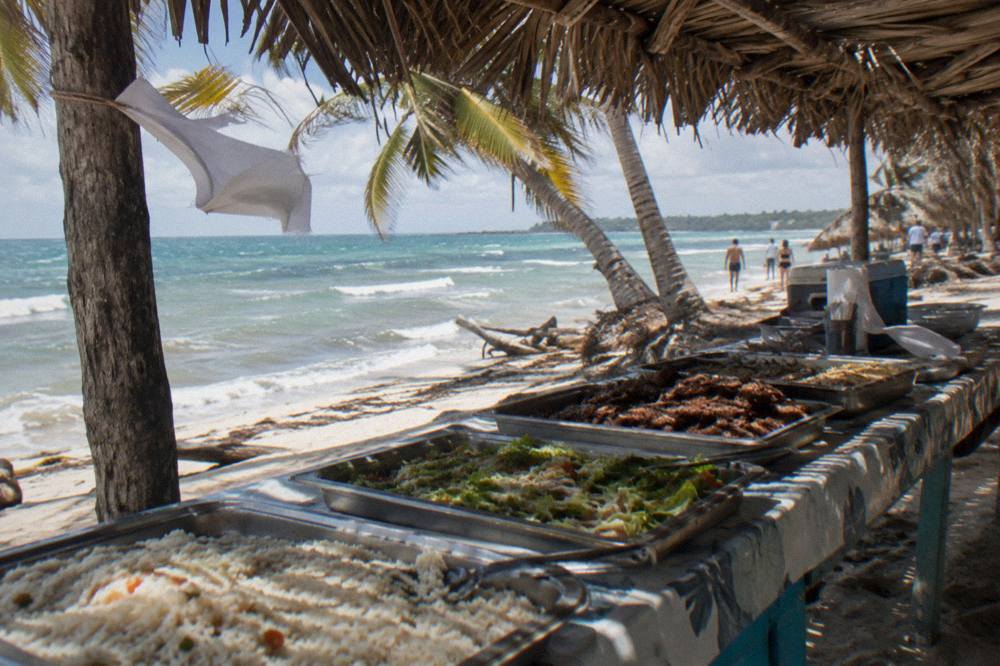 Buffet lunch tables set under palm thatch on a Caribbean beach