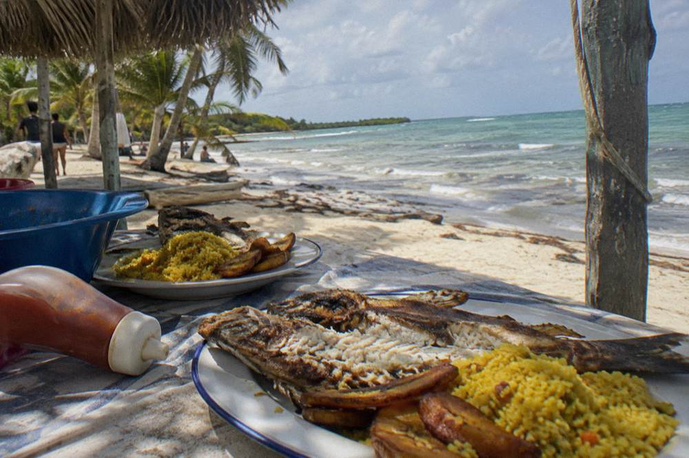 Grilled fish and rice plates arranged on a beach buffet table