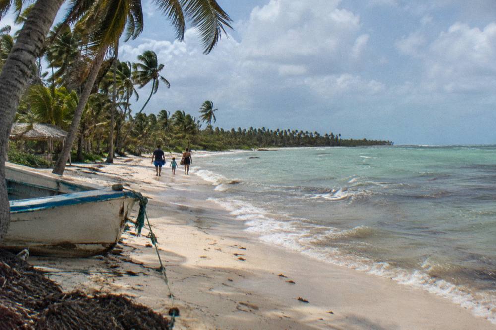Family walking along a wide palm-fringed beach at the edge of clear shallow water