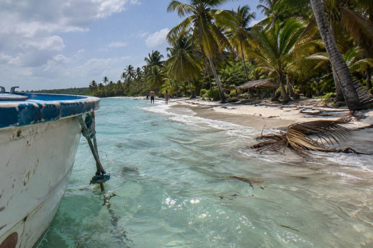Turquoise shallow water and palm trees along a Caribbean island shoreline