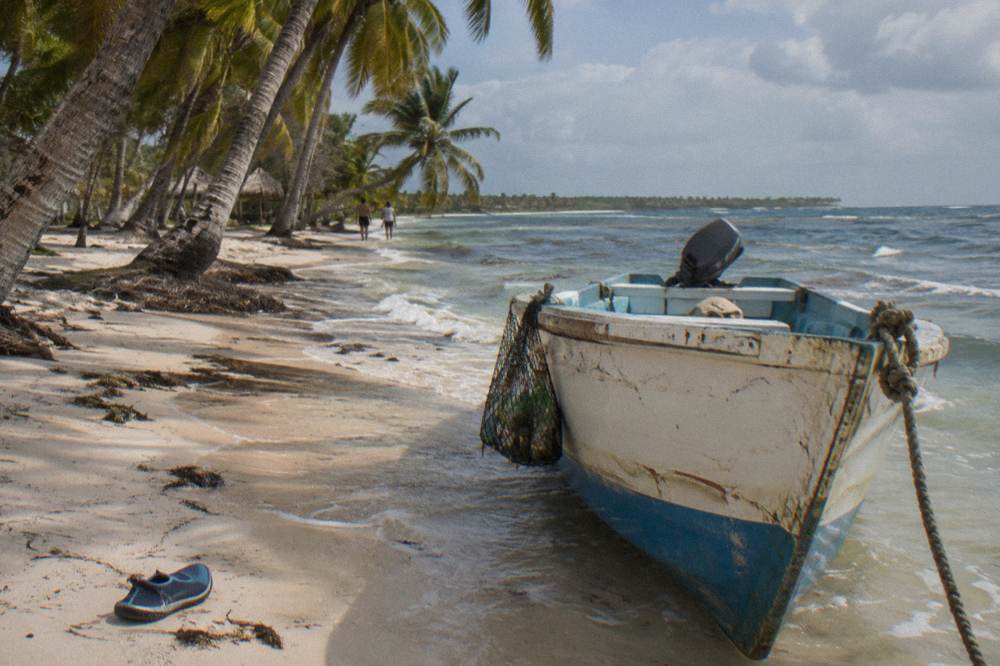 A wooden boat moored at a beach beside shallow water and coconut palms